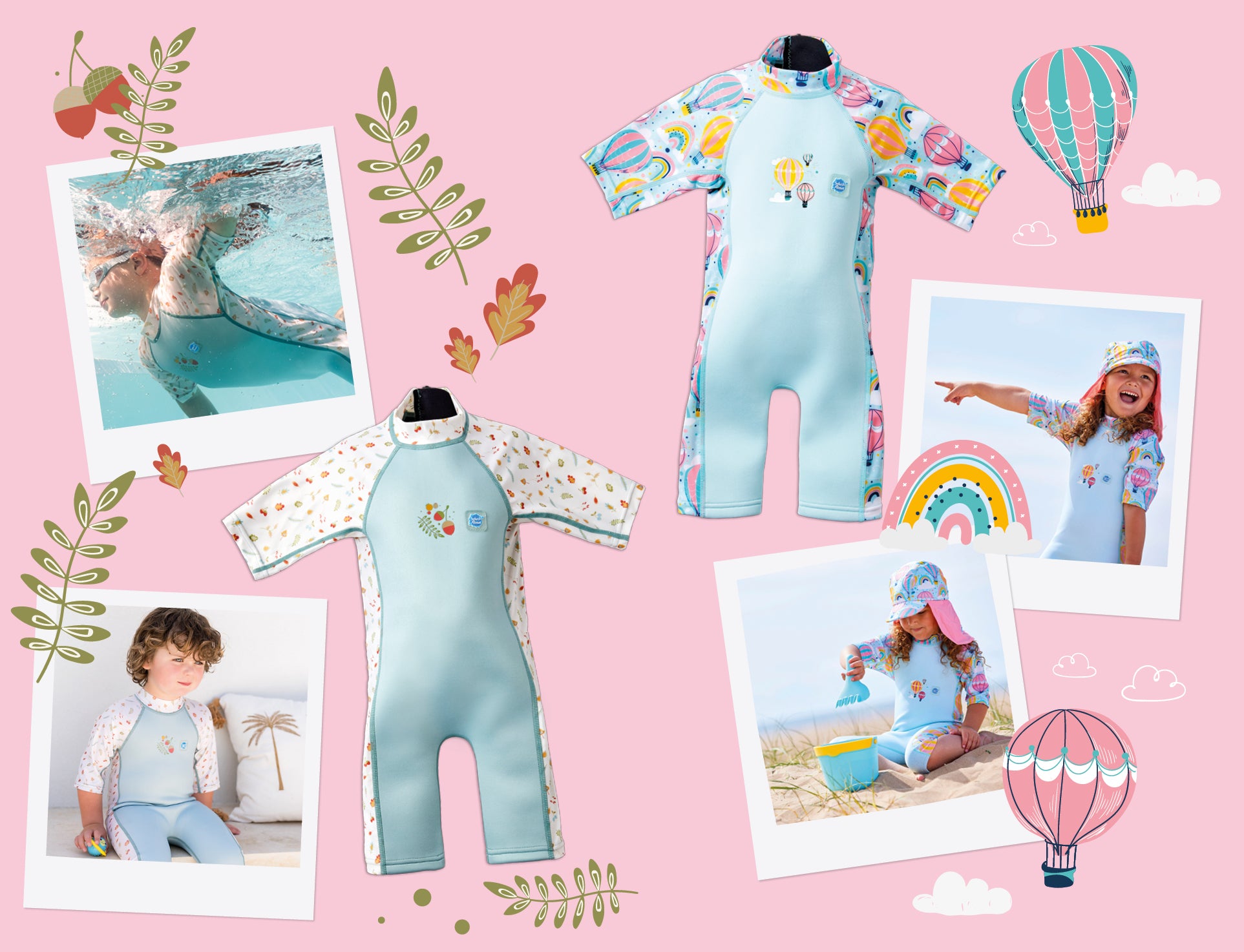 The image is a delightful collage showcasing a collection of children's swimwear and beach-related photographs. At the center, there are two prominent displays of swimwear: one is a light blue one-piece with a playful sea creature design, and the other is a pastel-colored one-piece with a similar motif. These swimsuits are designed for toddlers and are likely made from materials that offer sun protection, given the UPF symbol visible on one of them.
Surrounding these central images are three photographs cap